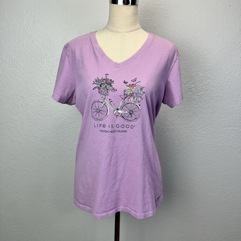 LIFE IS GOOD  Women Bike Flower Baskets Crusher V Neck 100% Cotton Shirt Size L